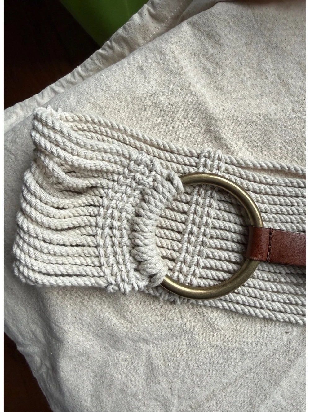 Wide Cream Rope Belt with Brass Rings and Brown Leather Strap
